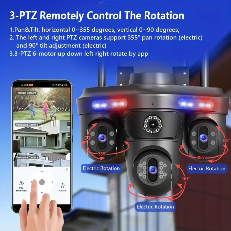 Black outdoor quad-lens security camera featuring app-controlled pan and tilt rotation with LED warning lights.