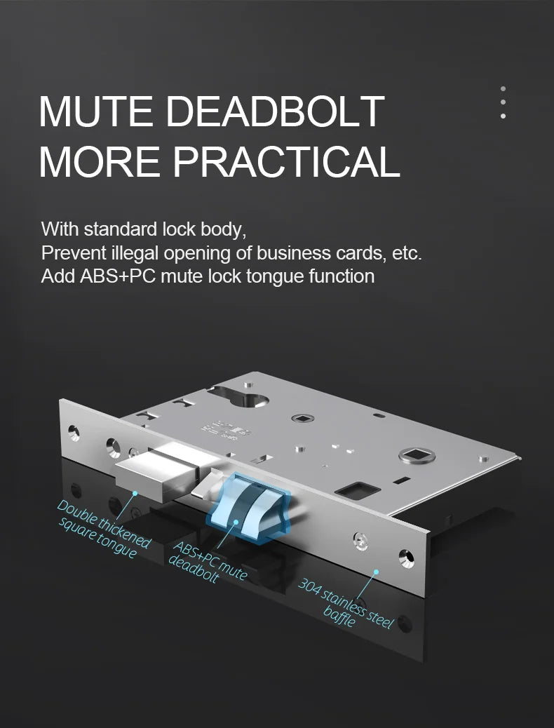 Silver metal door mortise lock with a 304 stainless steel faceplate, thickened square tongue, and ABS/PC mute deadbolt.