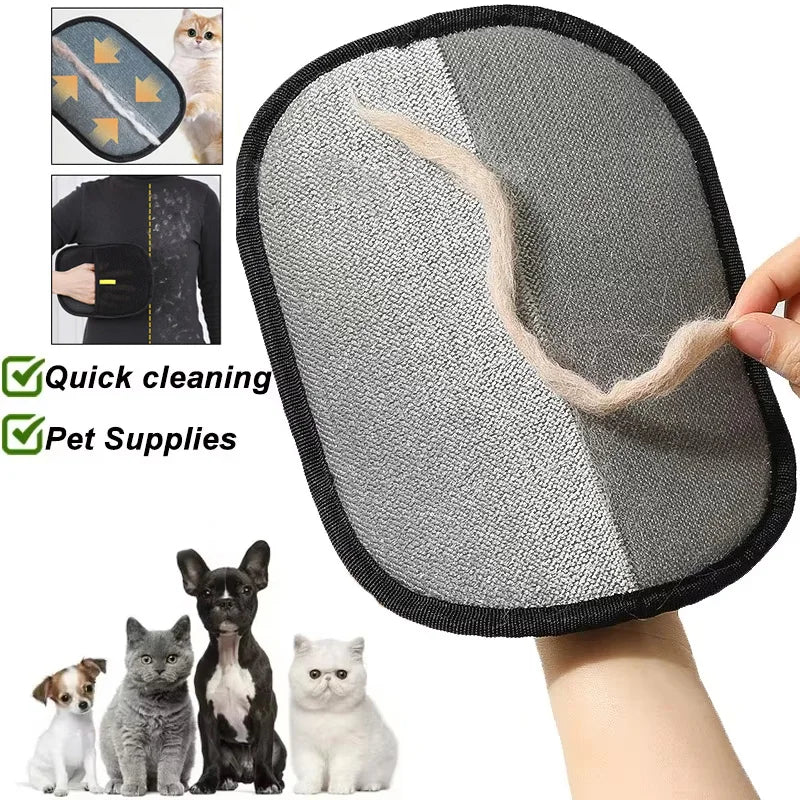 Grey and silver handheld pet hair remover mitt, shown collecting hair from fabric. Includes images of cats and dogs.