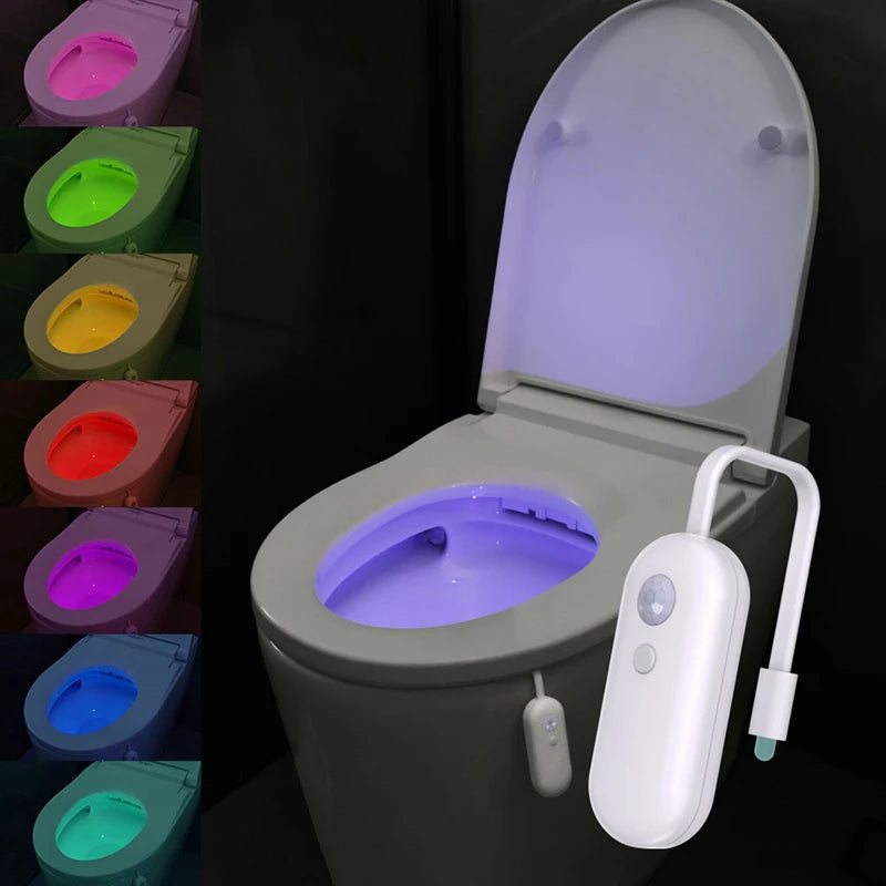 Rechargeable, motion-sensor toilet light featuring a white flexible arm and multiple colour-changing LED modes.