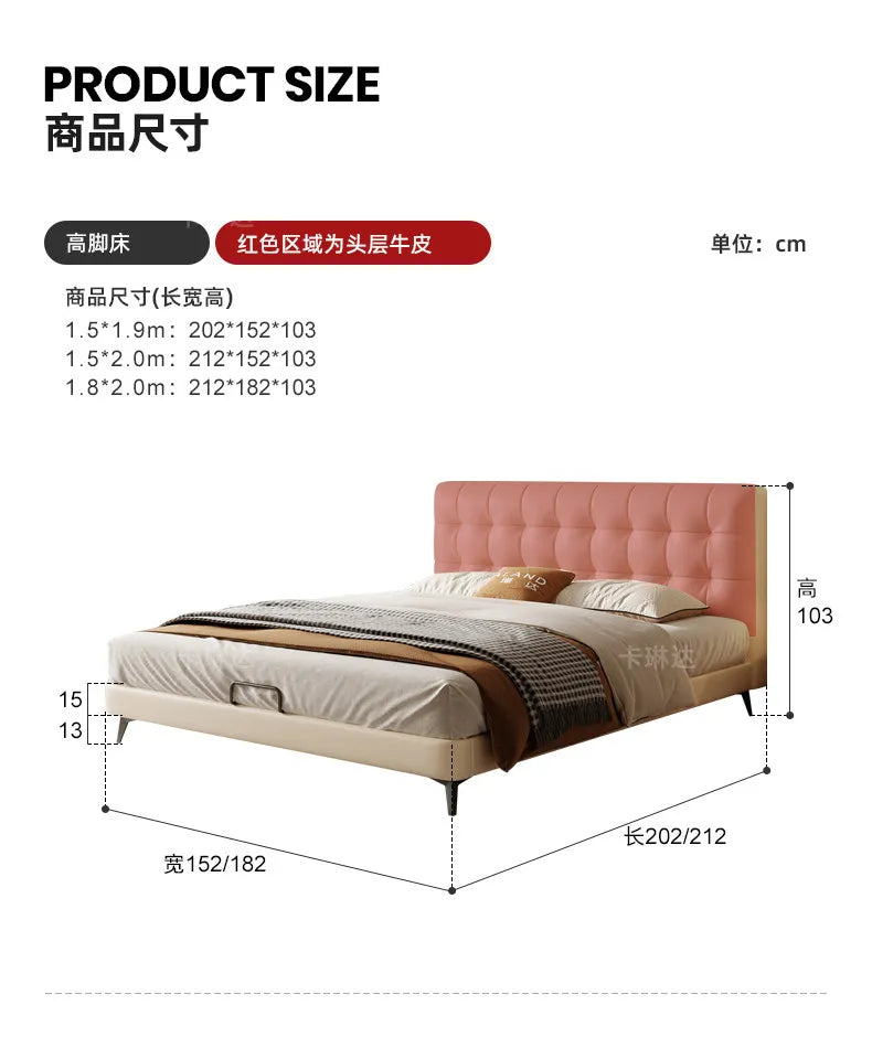 Minimalist bed frame with a cream base and tufted pink headboard, featuring dark legs and clear measurement graphics.