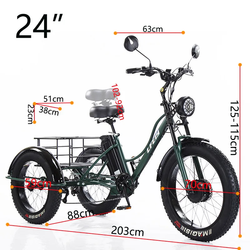 Electric Tricycle For Adults Battery Removable Range of 65km 750w 48W 7-Speed Transmission 24 Inch Snow Fat Bike