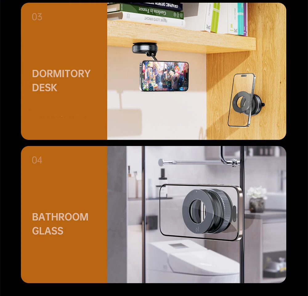 Black magnetic circular smartphone mounts attached to a wooden desk shelf and a bathroom glass door.