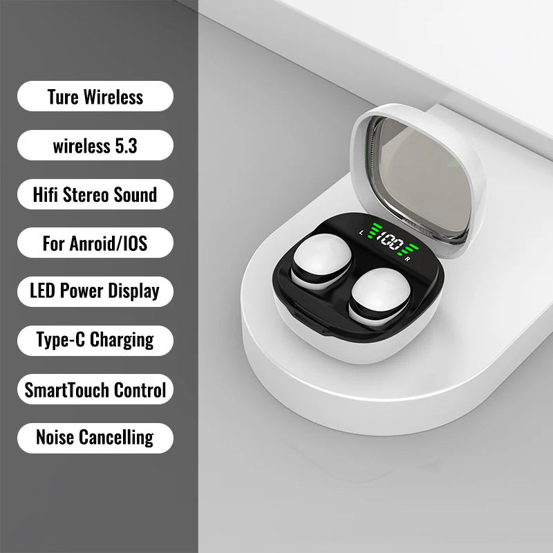 White wireless earbuds in a black and white charging case with a digital LED battery display.