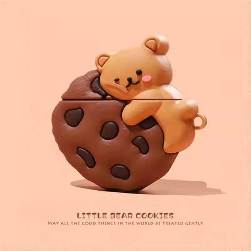 Cute brown silicone AirPods case featuring a little bear hugging a chocolate chip cookie.