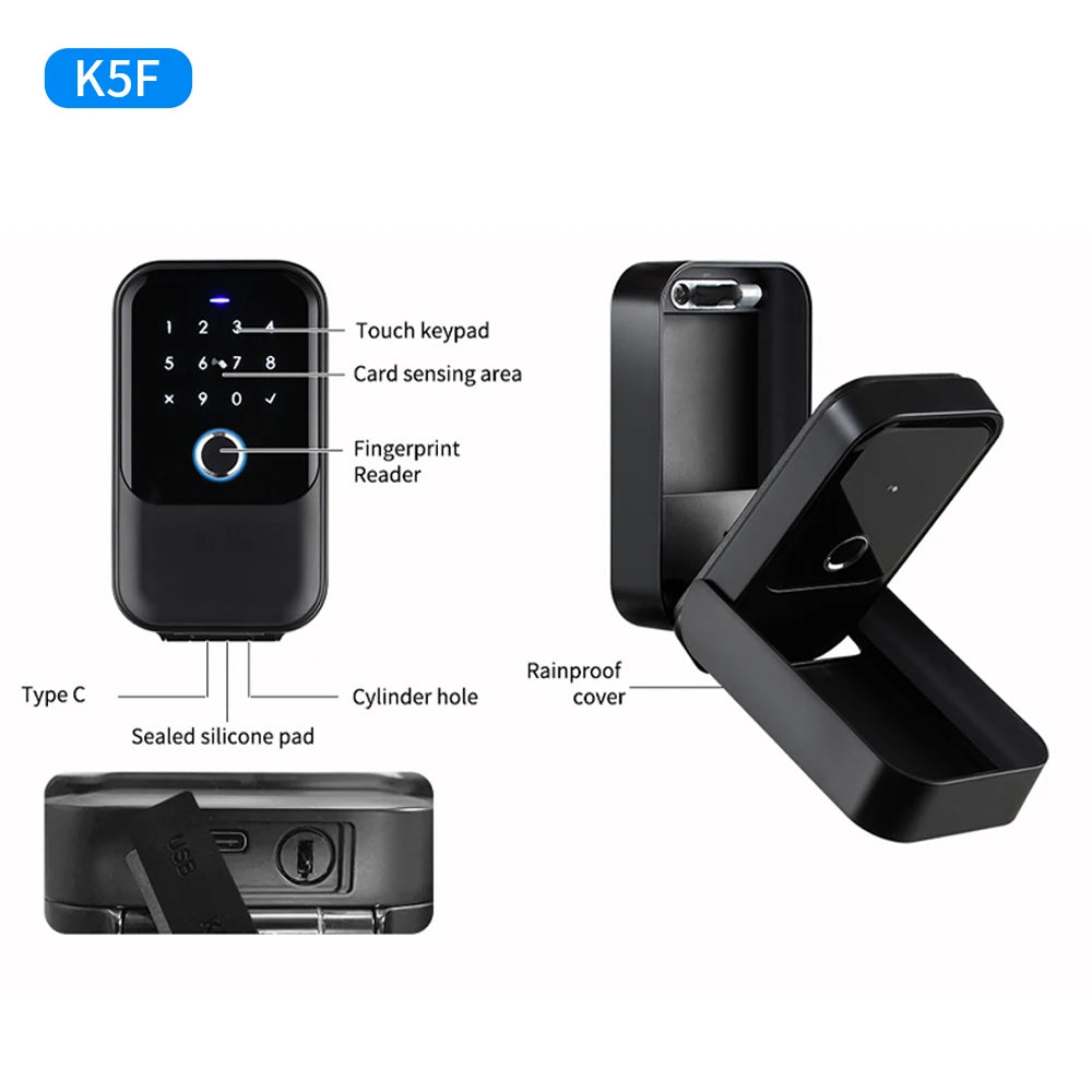 Black metal smart key lock box with touch keypad, fingerprint scanner, card reader, Type-C port, and rainproof cover.