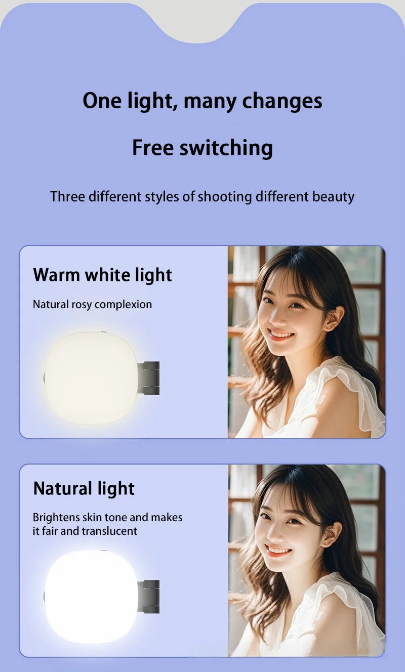 Portable clip-on LED light with adjustable warm and natural light settings for enhanced portraits and skin tones.