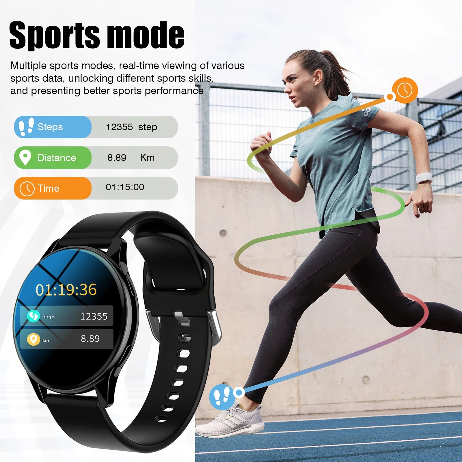 Sleek black multi-sport smart watch showing fitness tracking metrics, next to a person running on an outdoor track.