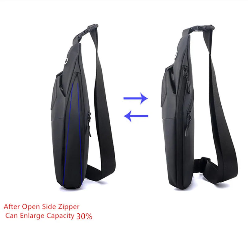 Black anti-theft crossbody sling bag with a side zip feature to expand capacity by 30%. Side-by-side comparison view.