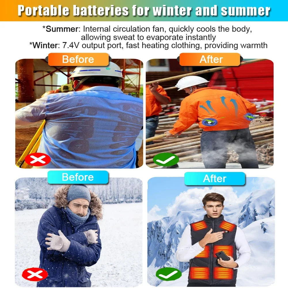 30000mAh portable power bank for cooling fans and heated jackets, shown in winter and summer work settings.