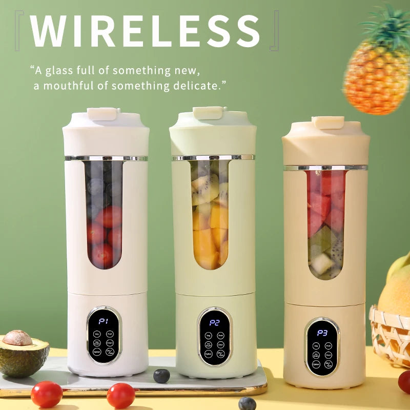 Three wireless portable blenders in white, light green, and beige with digital control panels and clear blending cups.