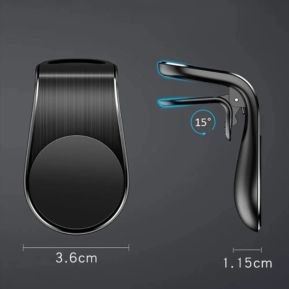 Black magnetic car phone mount with a 15-degree adjustable clip design, shown with measurements on a grey background.