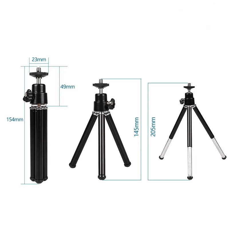 Black and silver adjustable mini tripod with a ball head mount, shown with dimensions from 145mm to 205mm height.