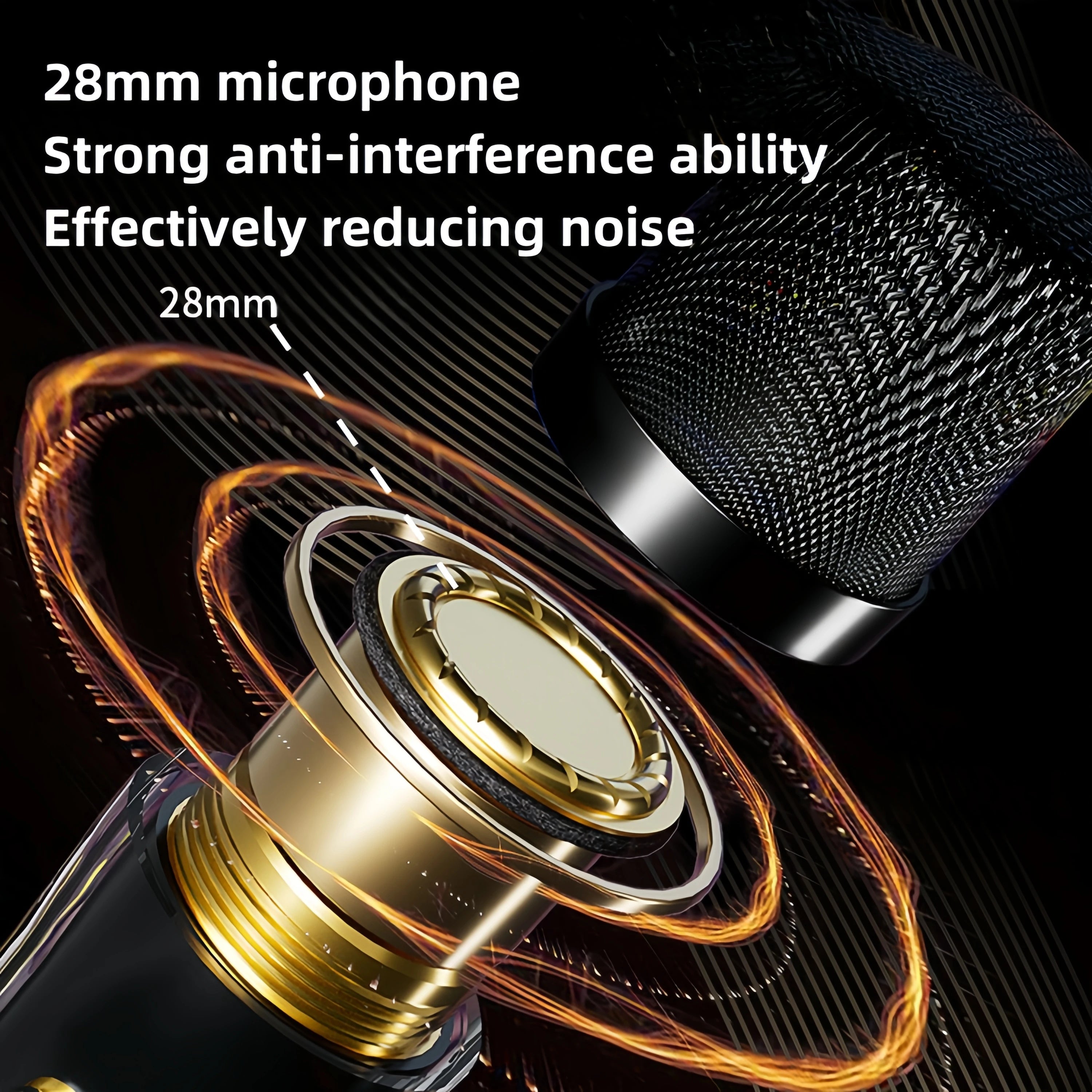 Close-up of a 28mm noise-reducing microphone capsule with metallic gold and black components against a dark background.