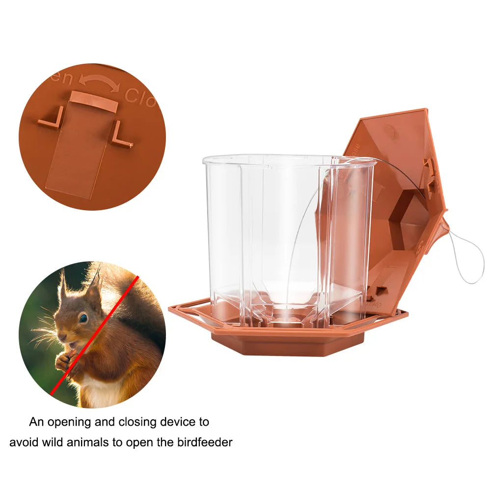 Clear plastic bird feeder with a brown, hexagonal roof and base, featuring a squirrel-proof locking mechanism.
