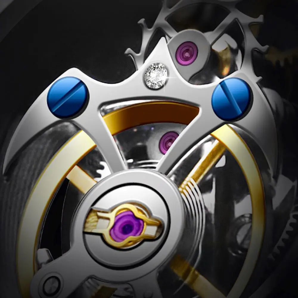 AESOP skeleton watch tourbillon mechanism with silver, gold, blue screws, purple jewels, and diamond accent.