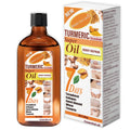100g bottle and box of turmeric face and body repair oil, enriched with collagen, sweet almond, and wheat.