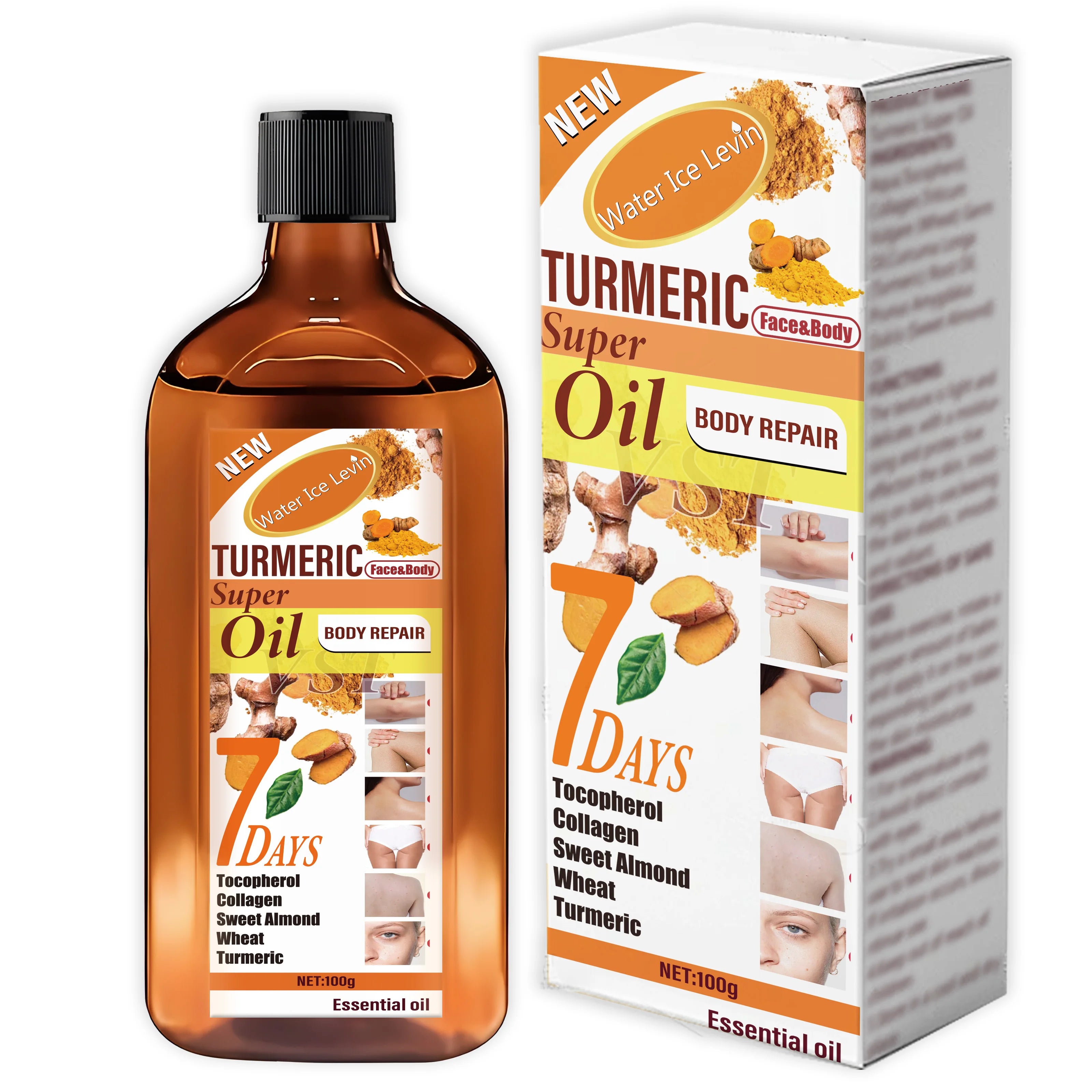 100g bottle and box of turmeric face and body repair oil, enriched with collagen, sweet almond, and wheat.