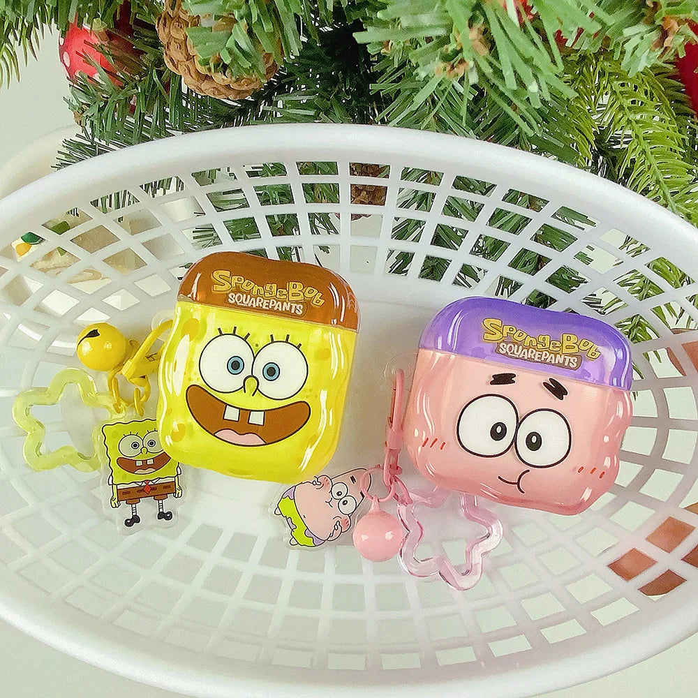 SpongeBob and Patrick silicone AirPods cases with matching charms in a white basket.