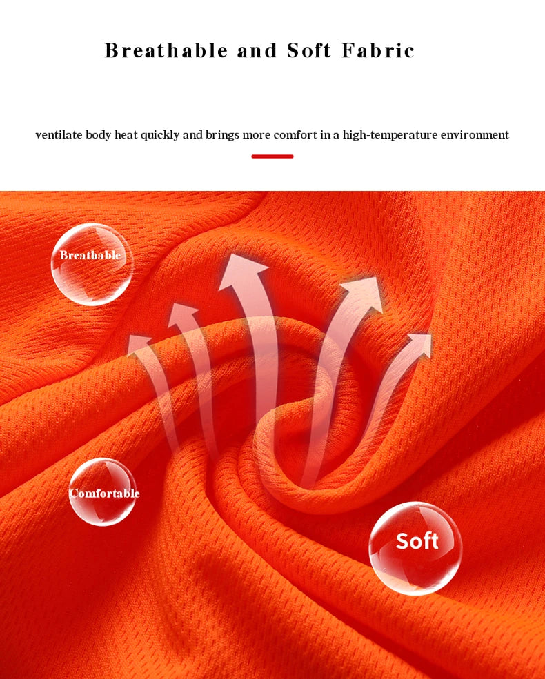 Close-up of bright orange, breathable, soft-touch fabric for hi-vis workwear with heat-ventilating arrows.