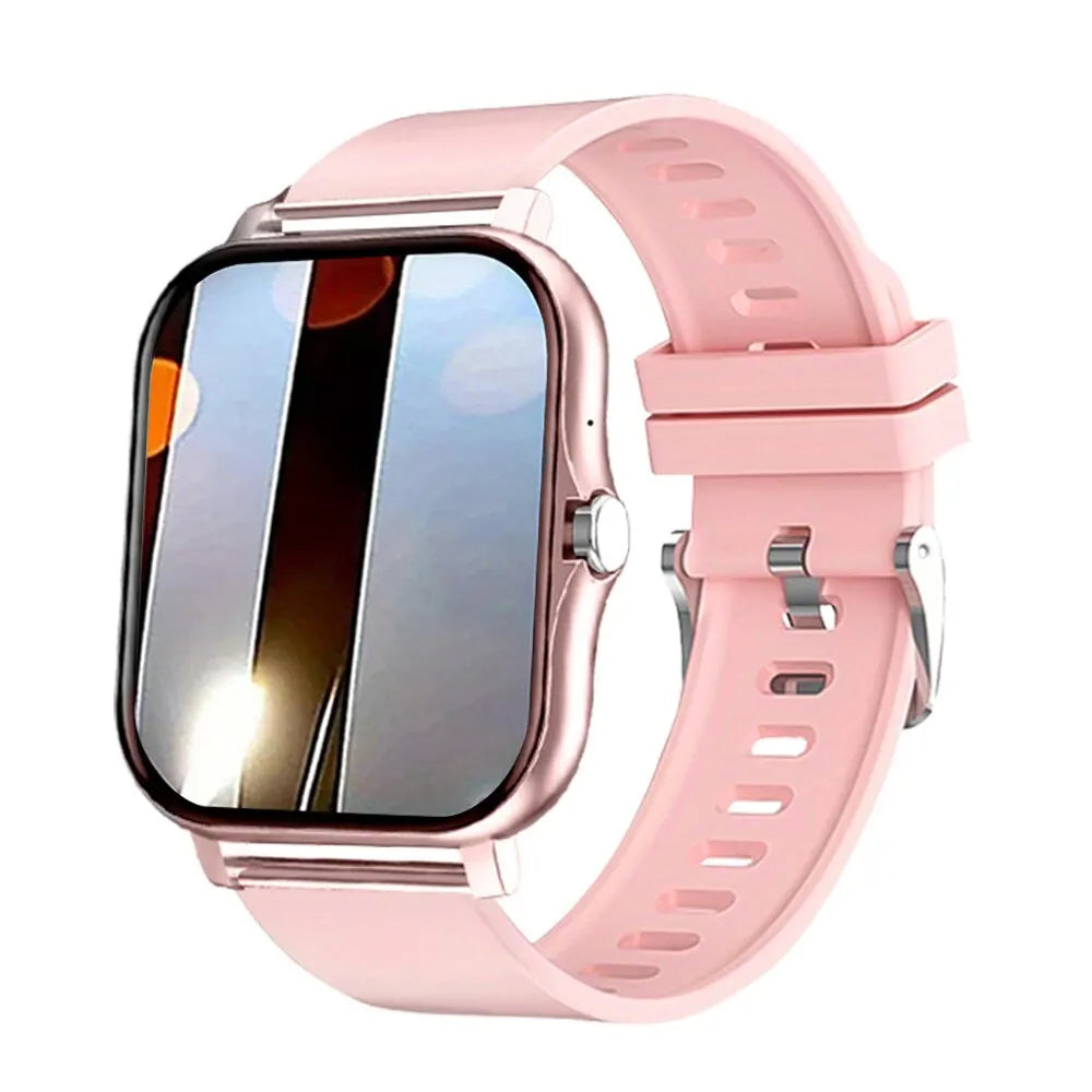A stylish pink smartwatch with a rose gold frame, silicone strap, and a clear, square touchscreen display.