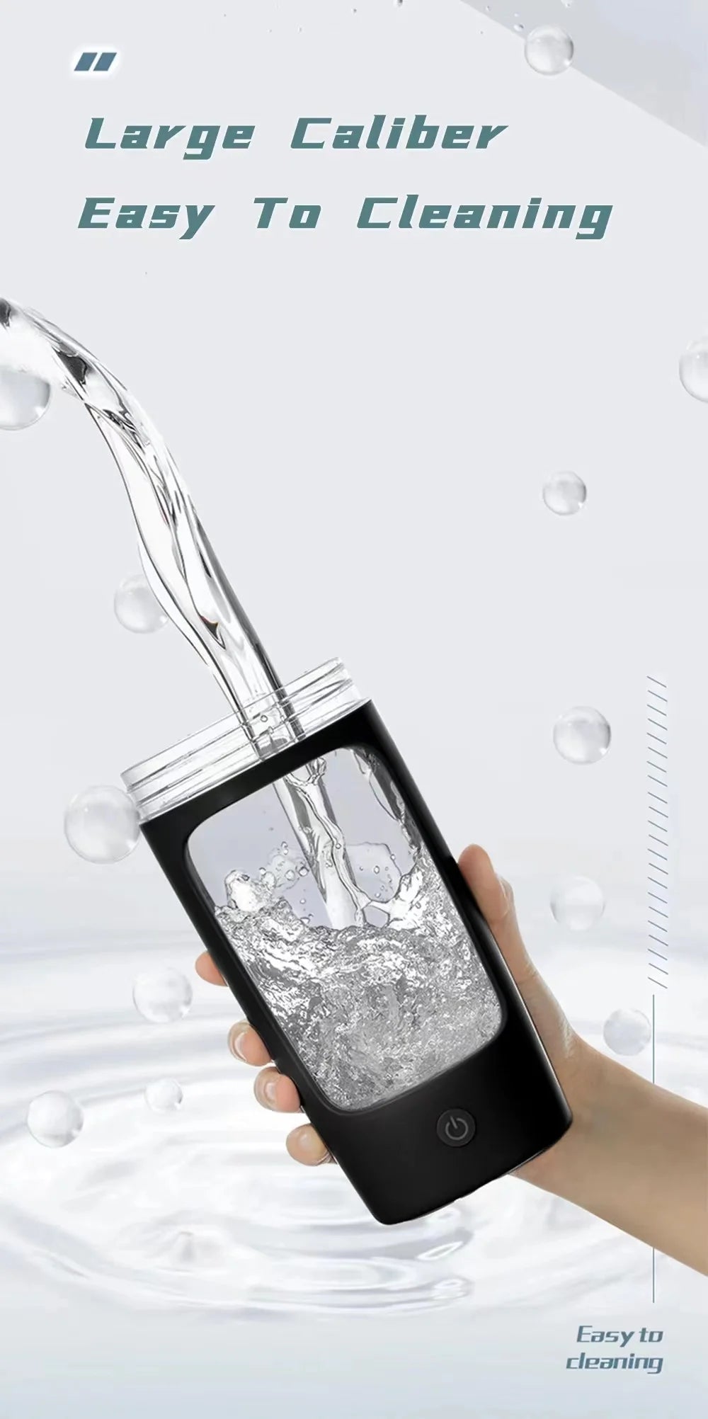 A hand holds a portable, matte black electric blender with a clear window being filled with water.