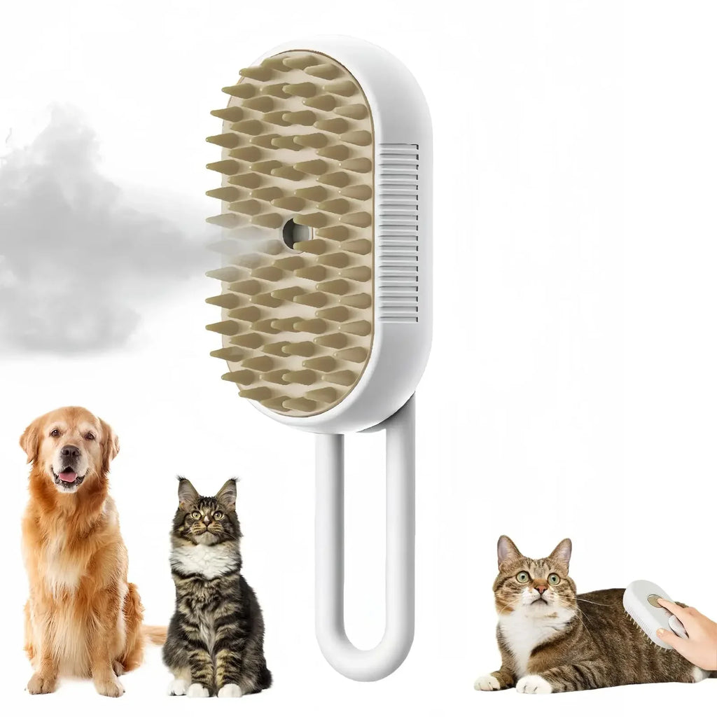 White steam pet grooming brush with rubber bristles, featuring a dog and cat for scale.