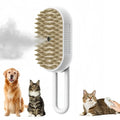 White steam pet grooming brush with rubber bristles, featuring a dog and cat for scale.