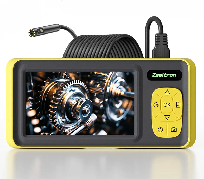 Yellow 4.3-inch waterproof inspection camera with a coiled cable and a bright screen displaying mechanical gears.