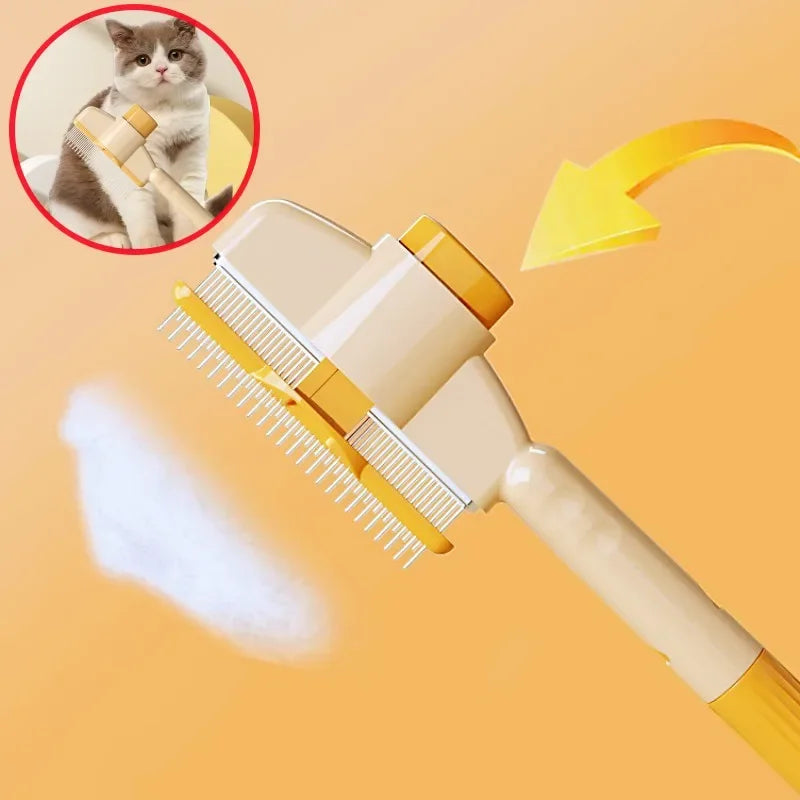 Cream and yellow pet grooming brush with fine metal bristles for removing loose fur, shown with a cat.