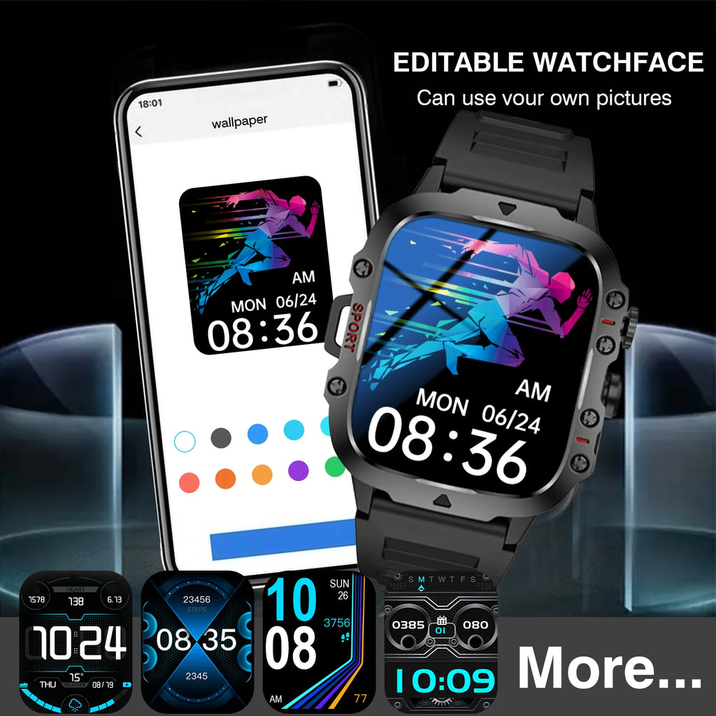 Black smartwatch with a rugged design and customisable digital watch face, shown next to a smartphone app interface.