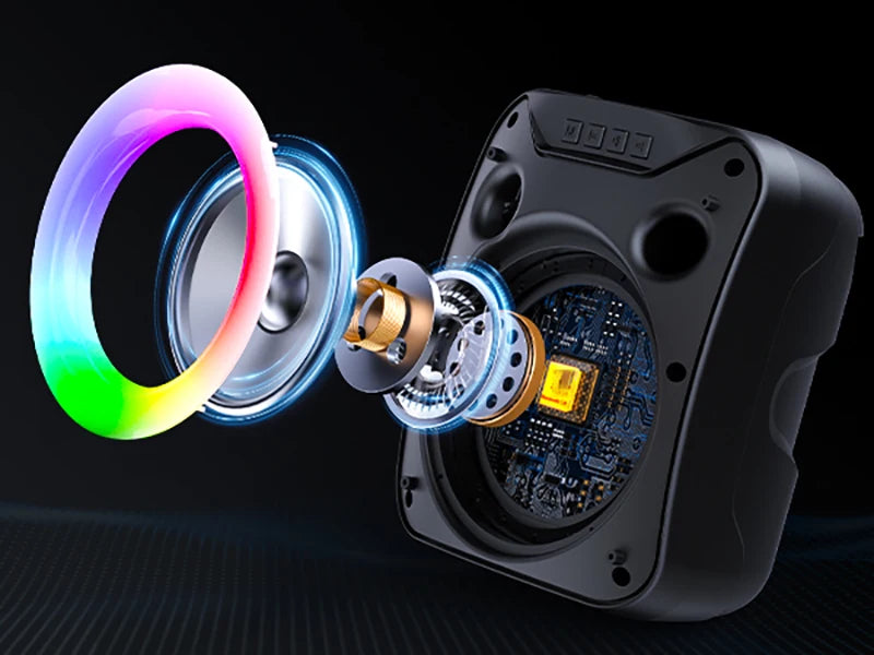 Exploded view of a black portable wireless speaker showing its internal driver, circuit board, and glowing RGB light ring.