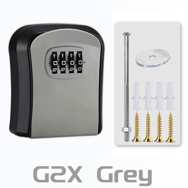 Grey and black metal wall-mount key lock box with 4-digit combination dial and included mounting hardware.
