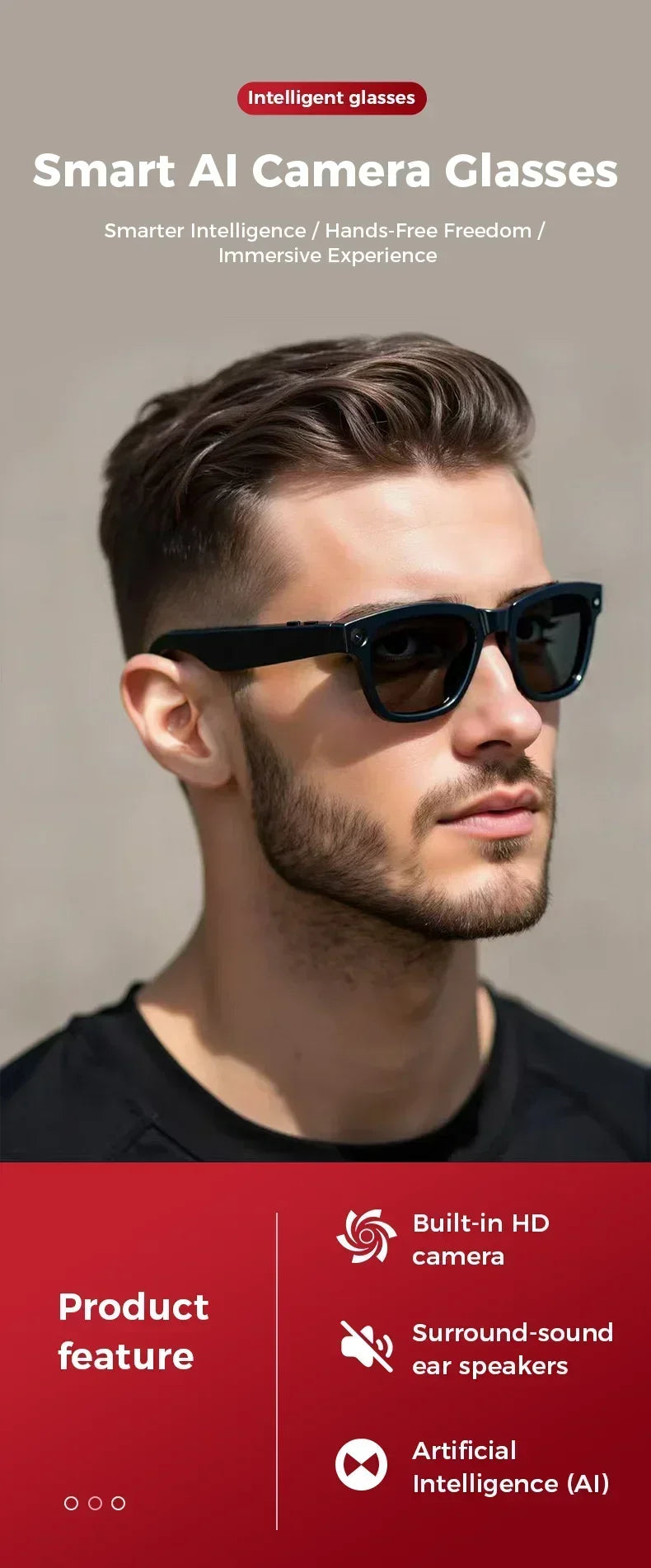 A man wearing sleek, black AI smart glasses featuring an integrated HD camera, speakers, and a modern, stylish design.
