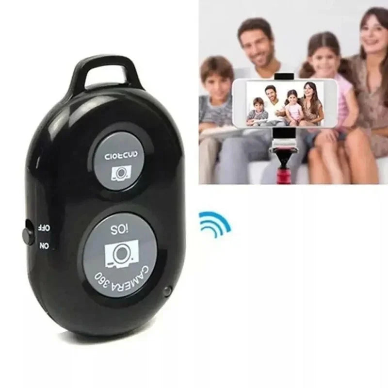 Black plastic Bluetooth wireless remote shutter button for smartphone cameras with iOS and Android operation buttons.