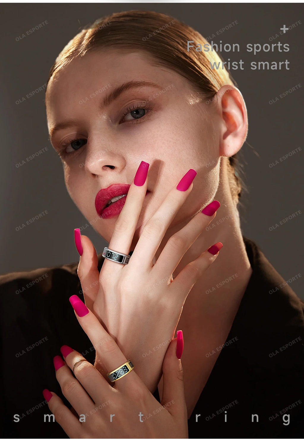 A model wearing silver and gold smart health-tracking rings with digital displays on her fingers.