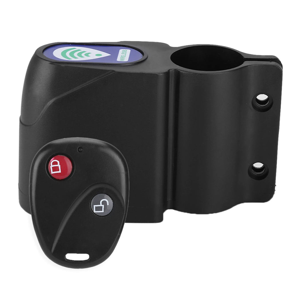 Black plastic wireless remote-controlled lock device with a two-button key fob on a white background.