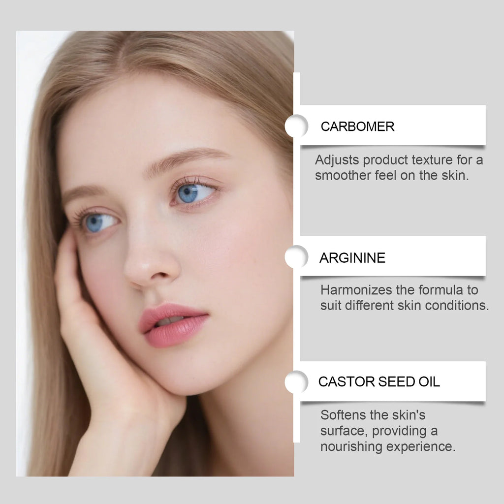 Close-up of a woman's face with text overlays explaining skincare ingredients: Carbomer, Arginine, and Castor Seed Oil.