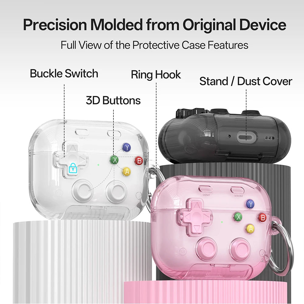 Clear, pink, and black retro controller-style protective cases for AirPods Pro, featuring 3D buttons and ring hooks.