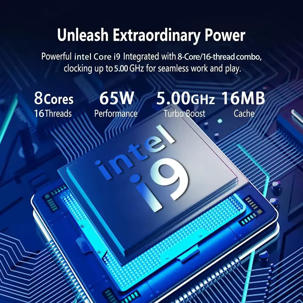 Blue digital circuit board background highlighting a powerful i9 processor with high-performance specs.