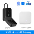 Black metal smart lock box with keypad, fingerprint scanner, Bluetooth and WiFi, plus a white G2 gateway hub.