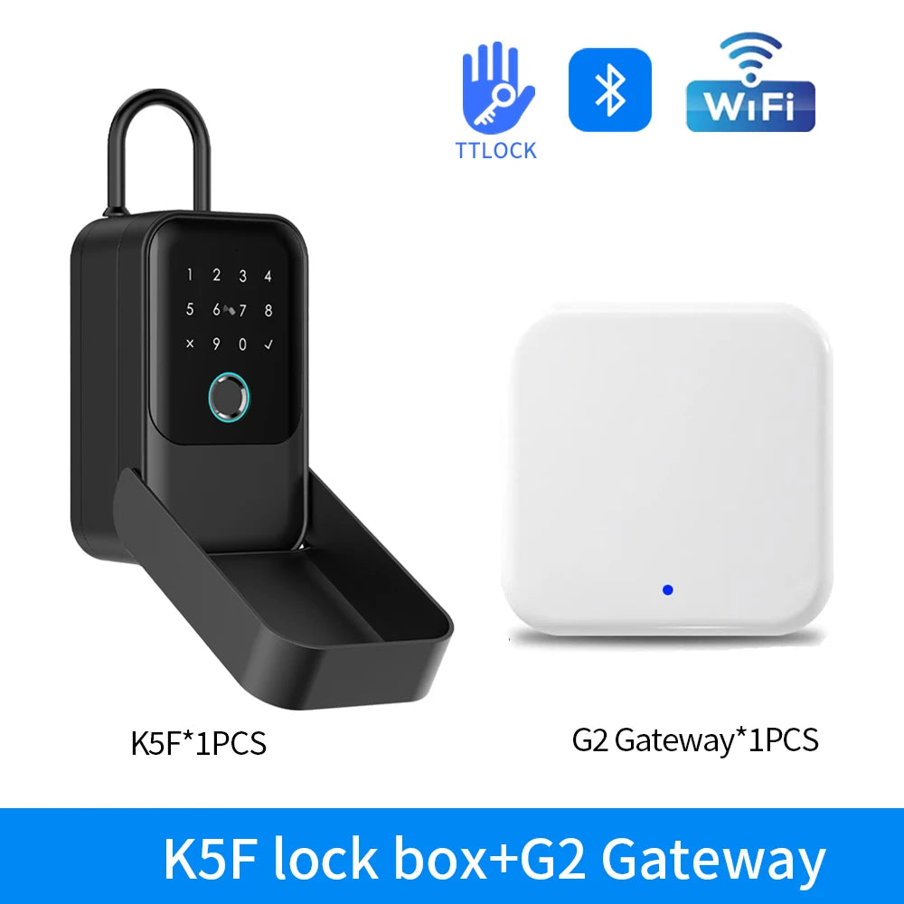 Black metal key lock box with digital keypad, fingerprint scanner, Bluetooth, WiFi, and a white G2 gateway hub.