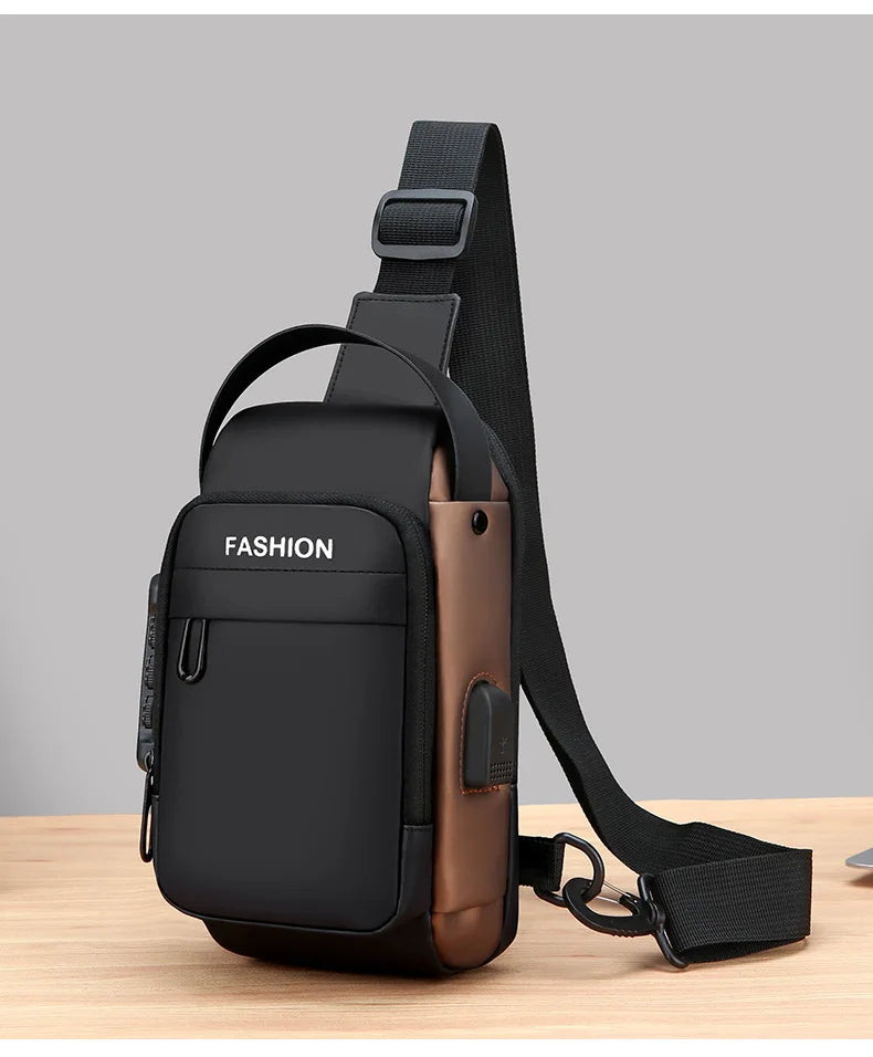 Black and bronze anti-theft crossbody sling bag with adjustable strap and side USB charging port.