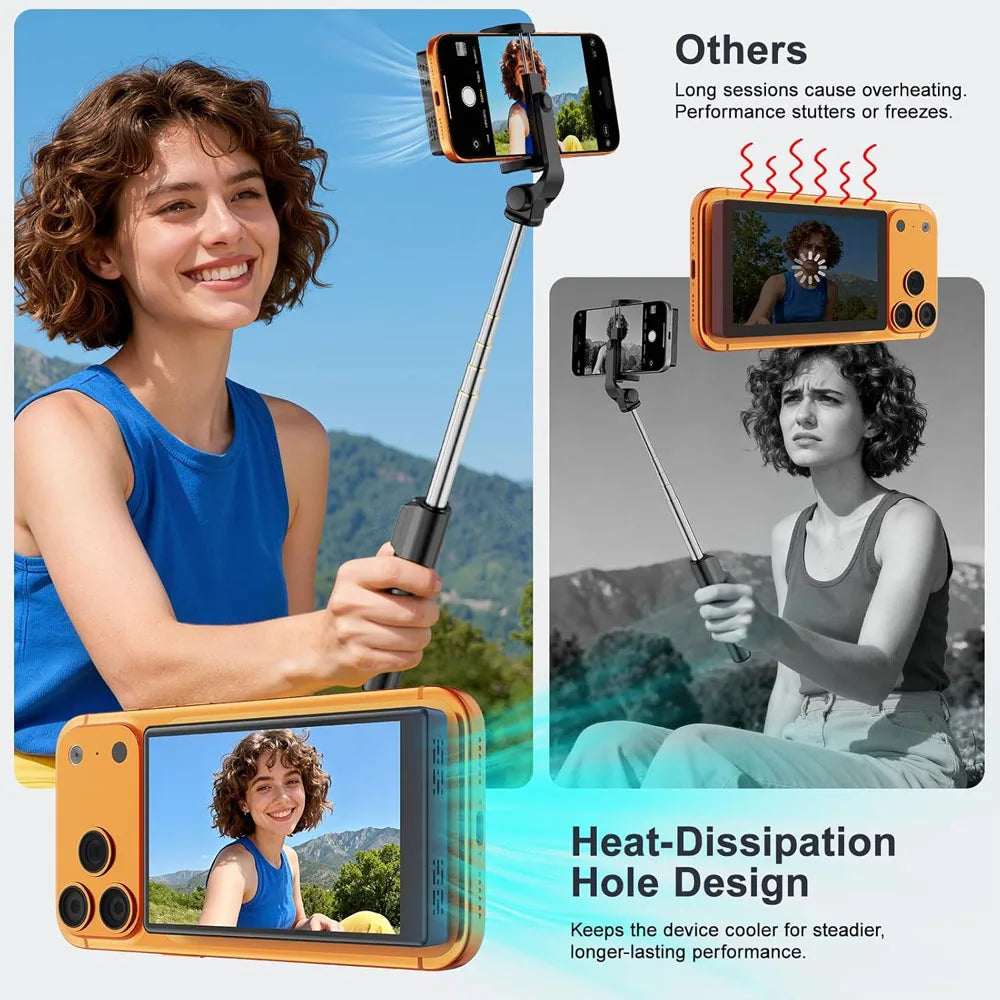 Orange phone cooling case with heat-dissipation design on a telescopic selfie stick, shown in a comparative layout.