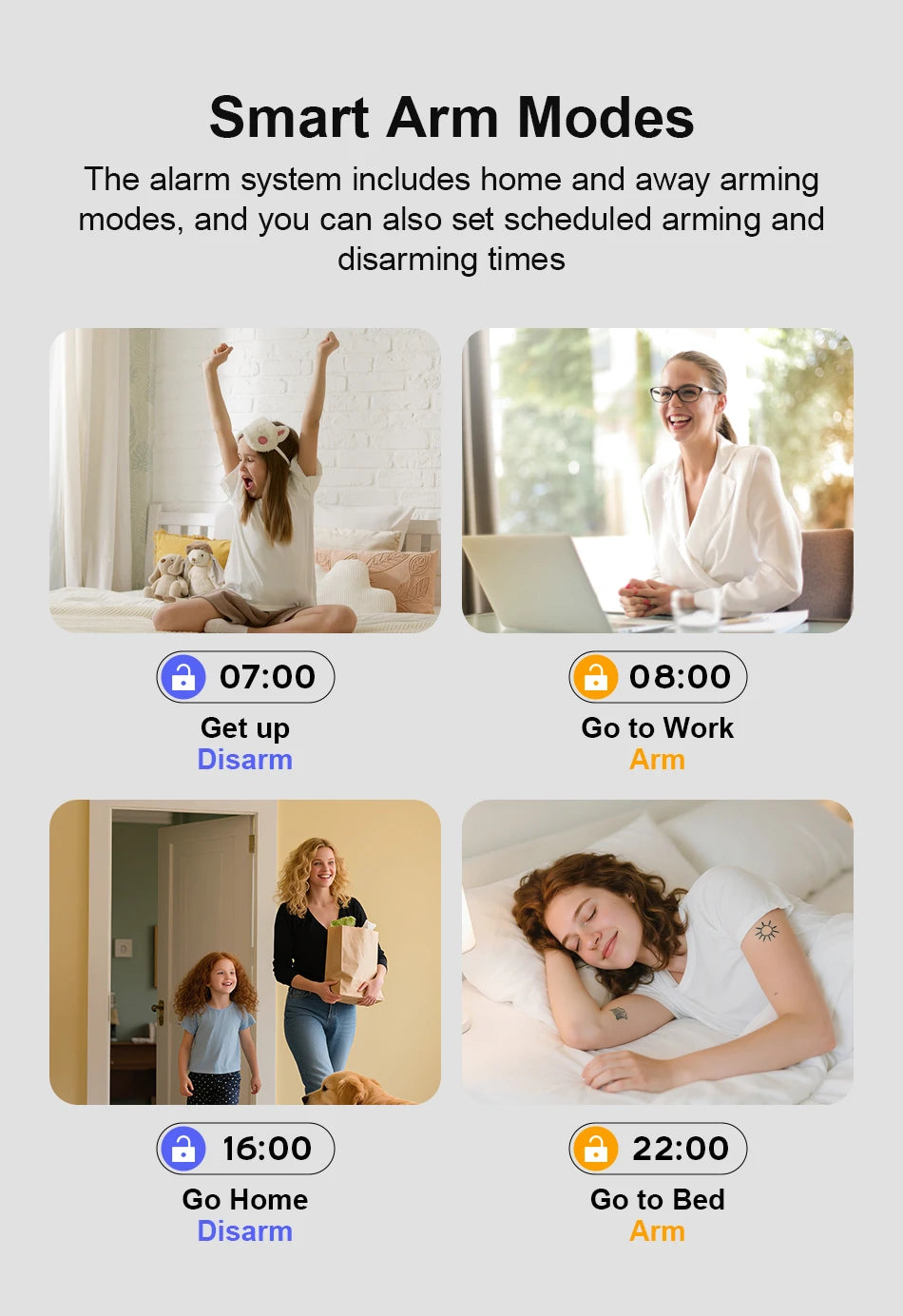 Four panels showing a smart alarm system schedule with icons for arming and disarming at different times of the day.