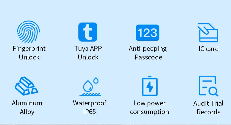 Blue infographic showing features of an aluminum alloy smart lock including fingerprint, app, and passcode access.