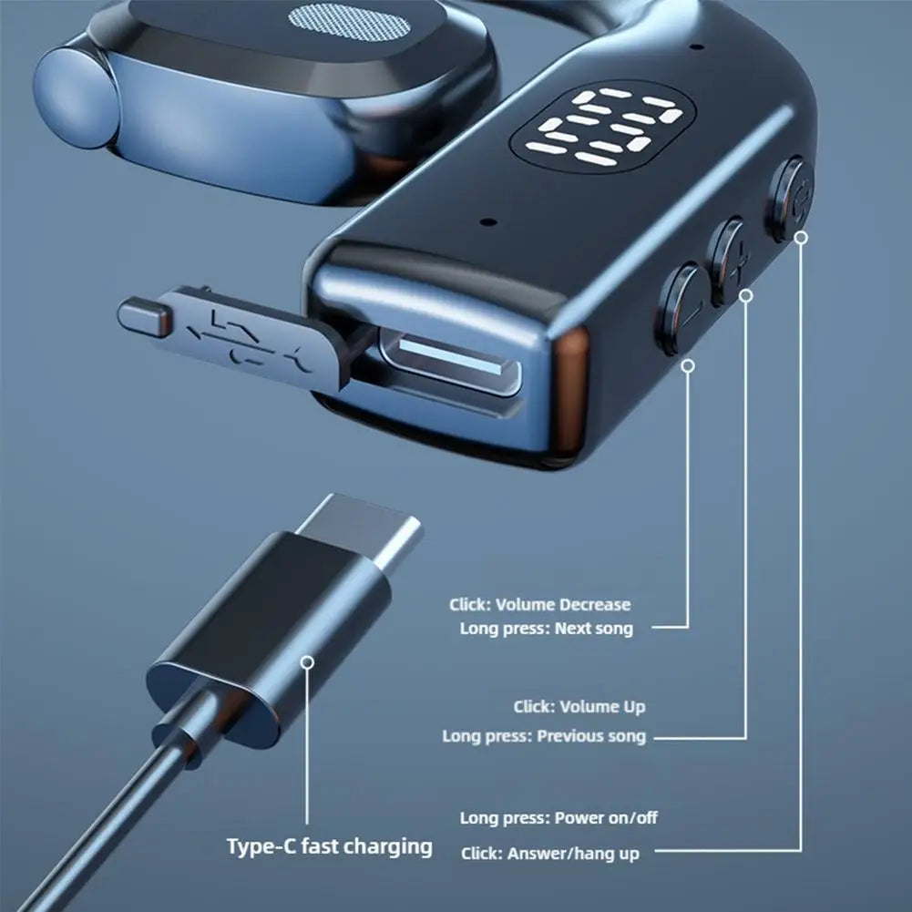 Metallic blue wireless ear hook with Type-C charging port, LED display, and labeled control buttons on side.
