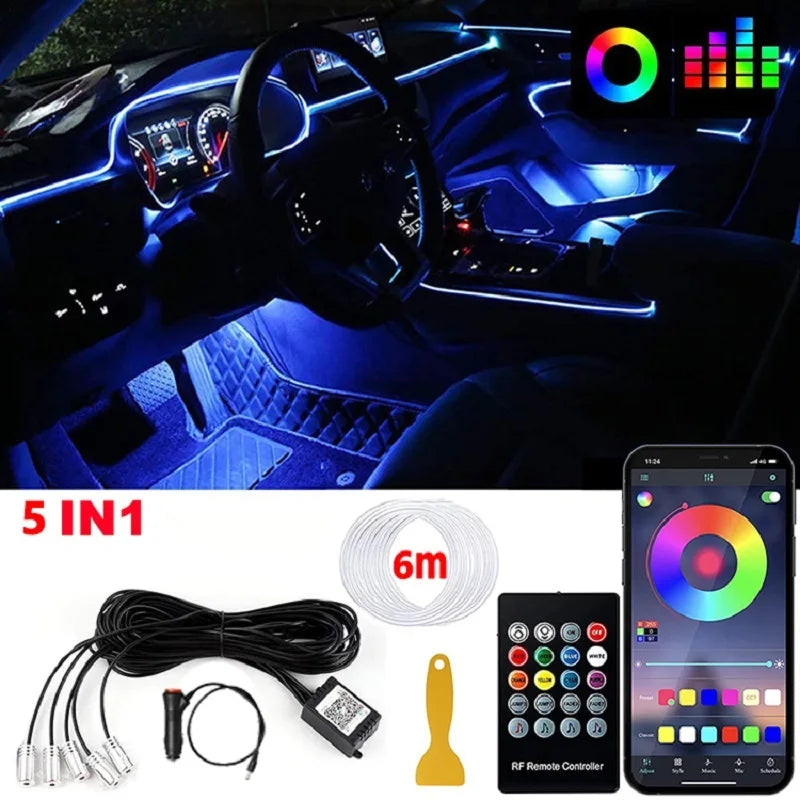 Car interior lit with blue fiber optic RGB ambient lights, showing kit parts including remote and app control.