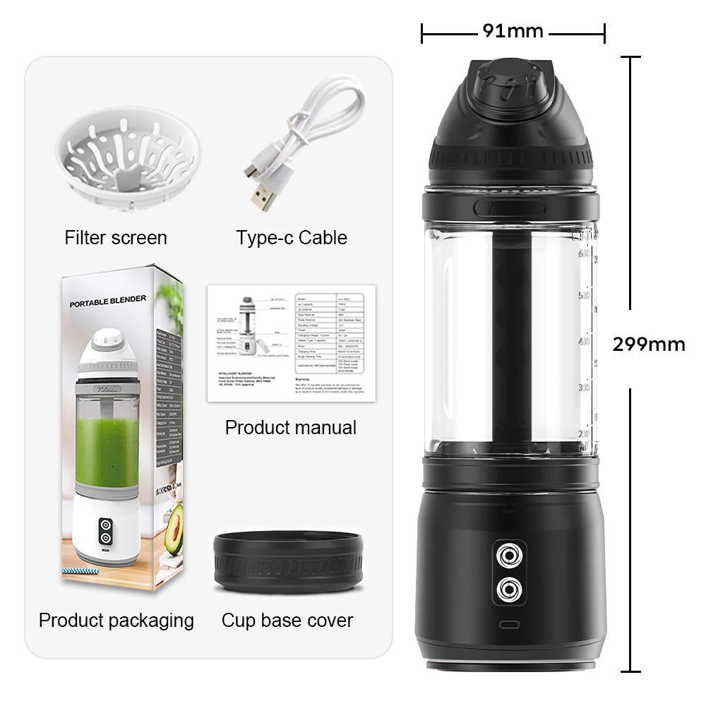 Black portable blender with clear cup, includes filter, charging cable, manual, packaging, and base cover.