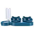 Dark blue pet feeding station with two cat-ear shaped bowls and an attached clear water bottle.